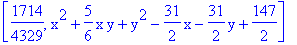 [1714/4329, x^2+5/6*x*y+y^2-31/2*x-31/2*y+147/2]